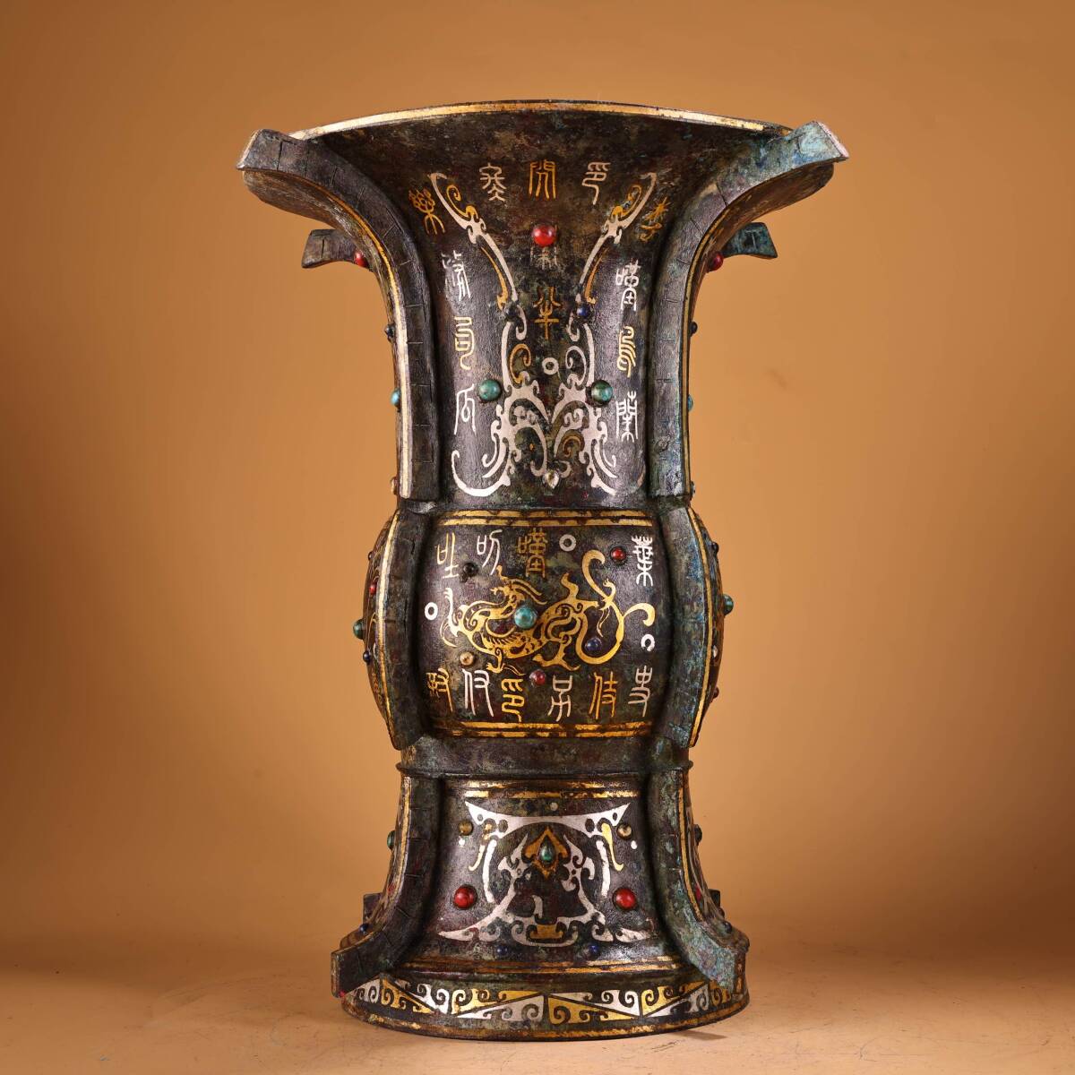 旧蔵 戦漢時期 青銅器 錯金銀 貴石嵌 何尊 酒器 盛酒器 祭祀品 禮器 古美術 古美味 中国古玩 骨董品 時代物 稀少唐物