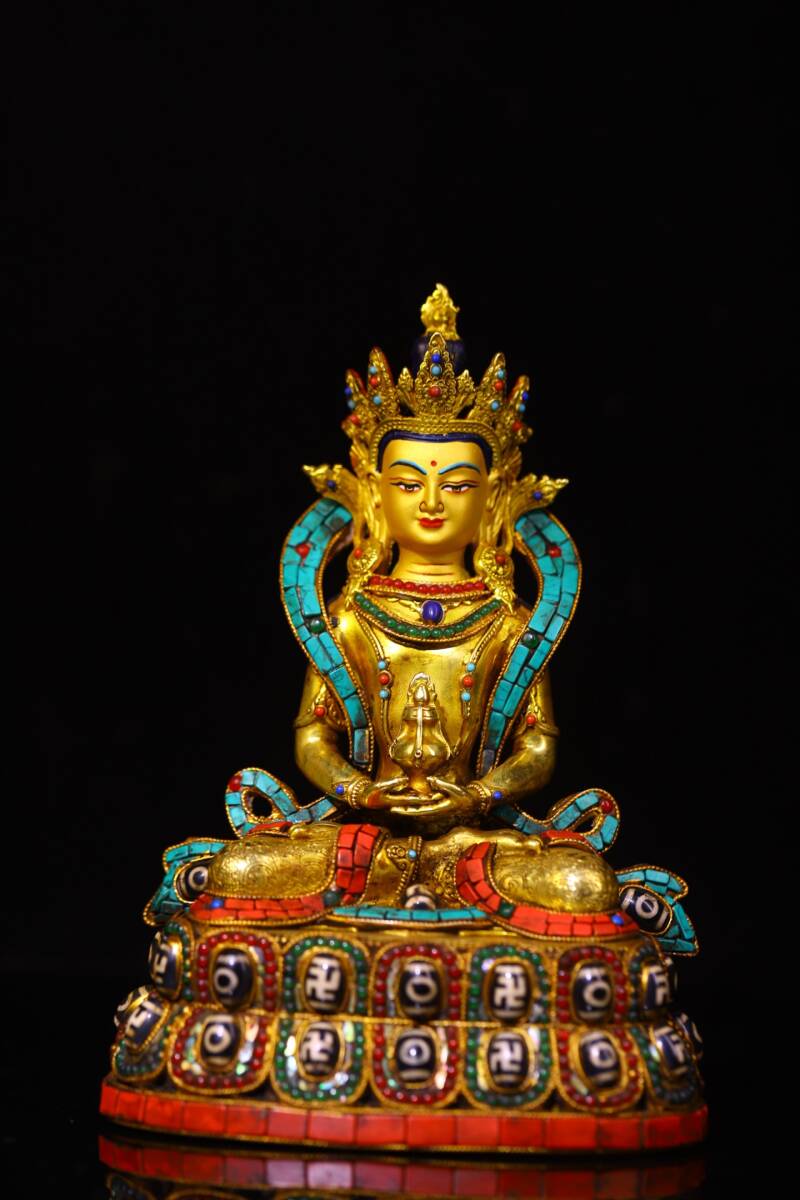 旧蔵 チベット 廢寺收集 古銅 紫銅彫 鏨刻 塗金 貴石天珠嵌 長寿仏 仏像 細密造 古美術 古美味 中国古玩 骨董品 時代物 稀少唐物