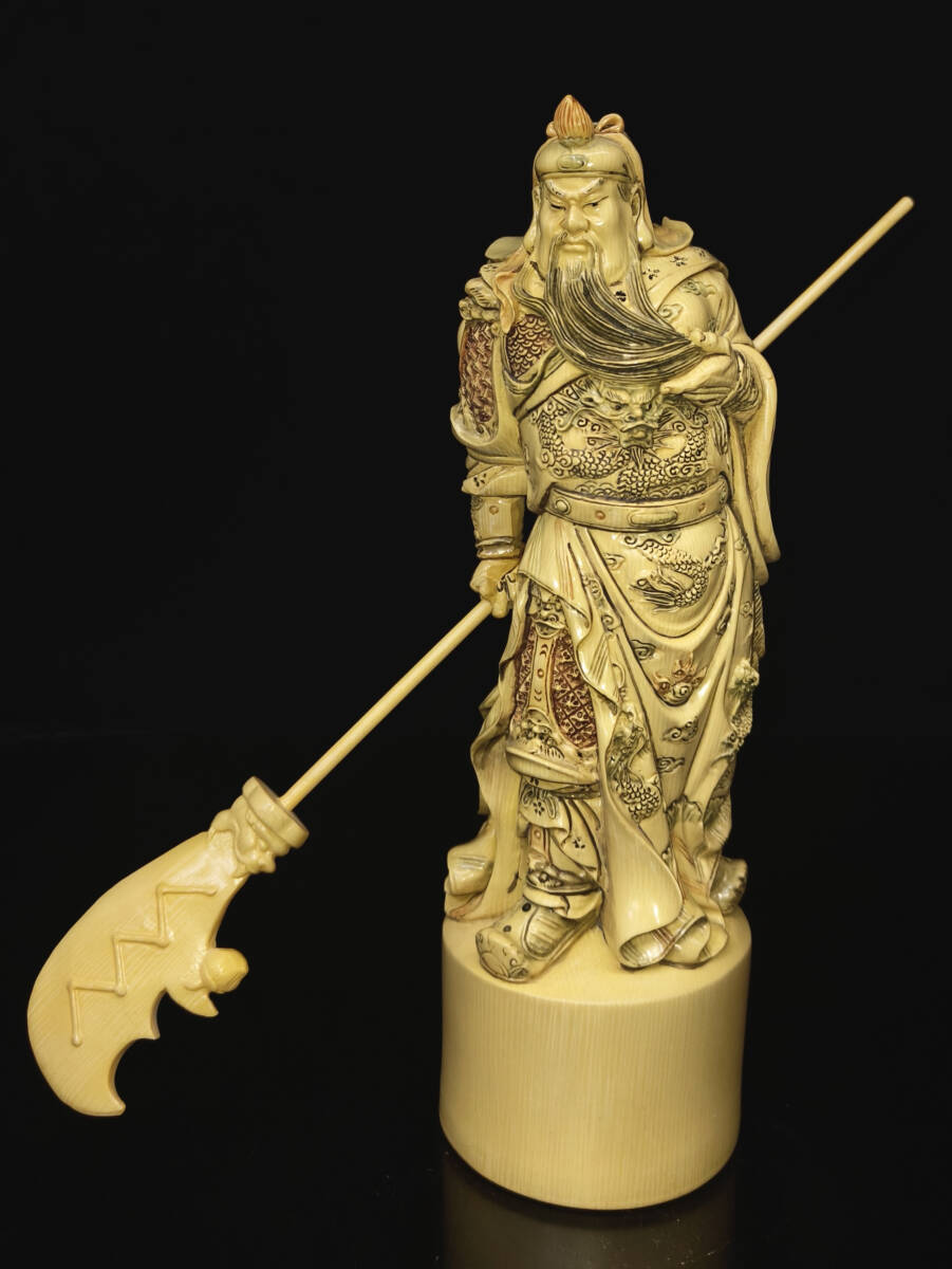 旧蔵 清時代 古珍材彫 特殊材質 特殊白芯 彩繪 関羽 関公像 仏像 仏教古美術 手彫 極細工 古美術 古美味 中国古玩 骨董品 時代物 稀少唐物