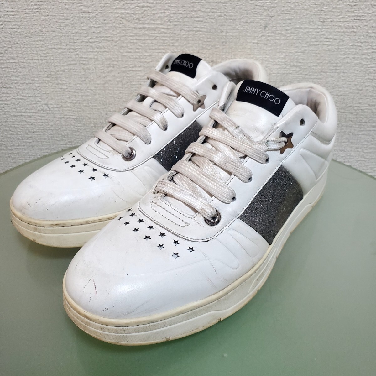 JIMMY CHOO ジミーチュウ スニーカー 41 約26㎝ ホワイト シルバー グリッター 星 高級靴