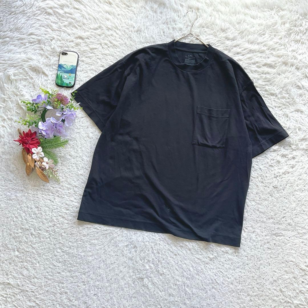 大きめサイズ 無印良品 七分袖Tシャツ XL クルーネック 綿100 黒 31836D