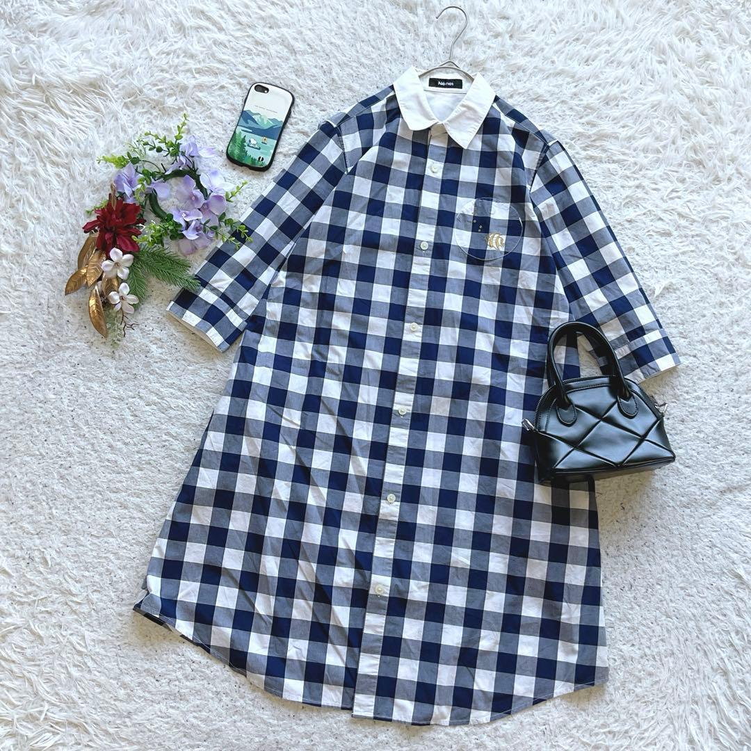 ネネット シャツワンピース ロング チェック 七分袖 M 刺繍ロゴ コットン混 6B1F5B