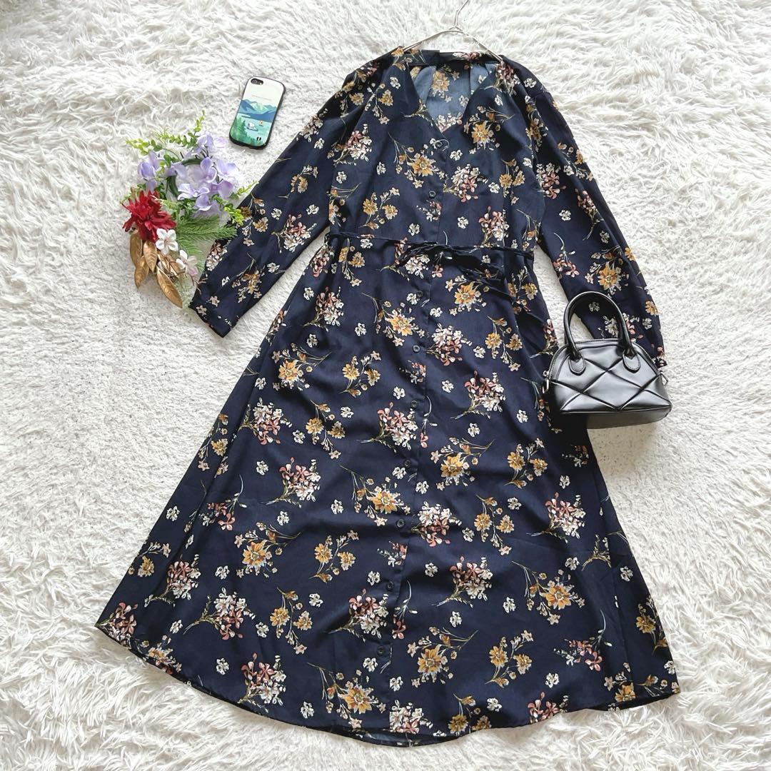 フィフス ワンピース ロング 花柄 M 大人可愛い ウエストリボン フェミニン D492A3