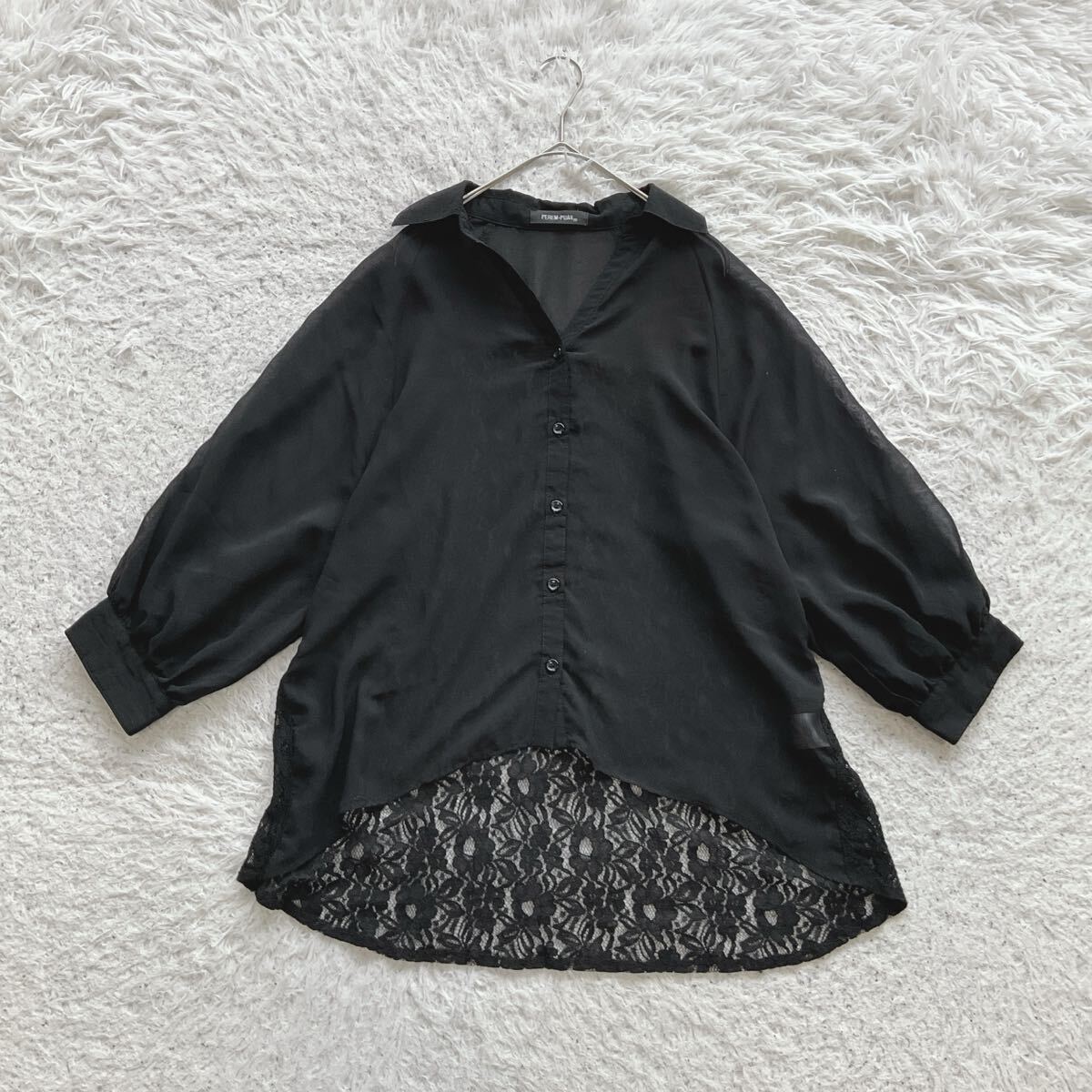 在庫限り レース切替ブラウス 長袖 シフォン M 上品 大人フェミニン 黒