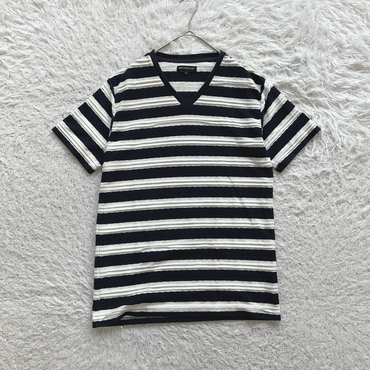 半袖Tシャツ ボーダー Vネック L メンズ コットン混 ゆるだぼ カジュアル