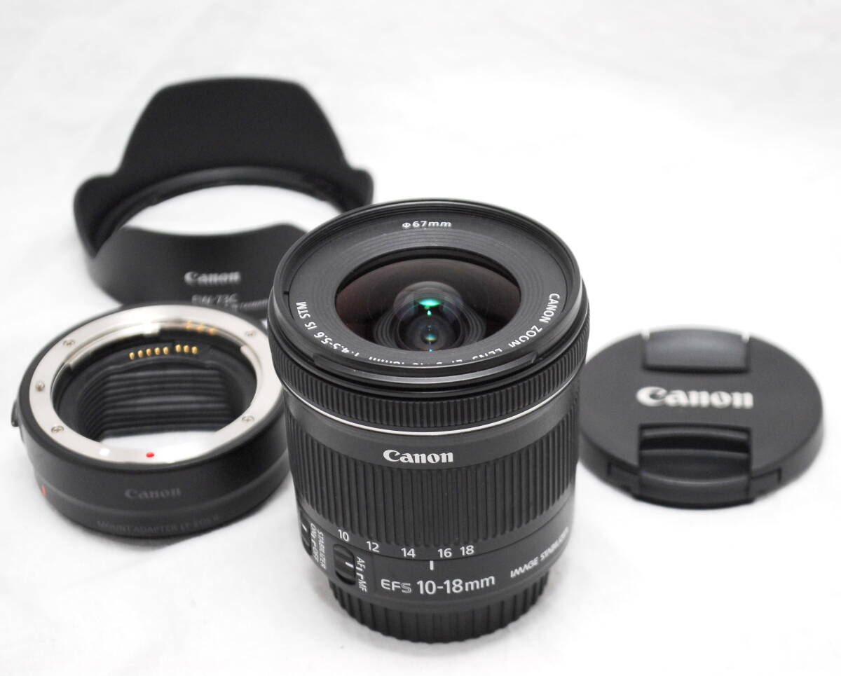 【新品級の超美品・純正フード付き】Canon キヤノン EF-S 10-18mm F4.5-5.6 IS STM　EF-EOS R アダプター付属