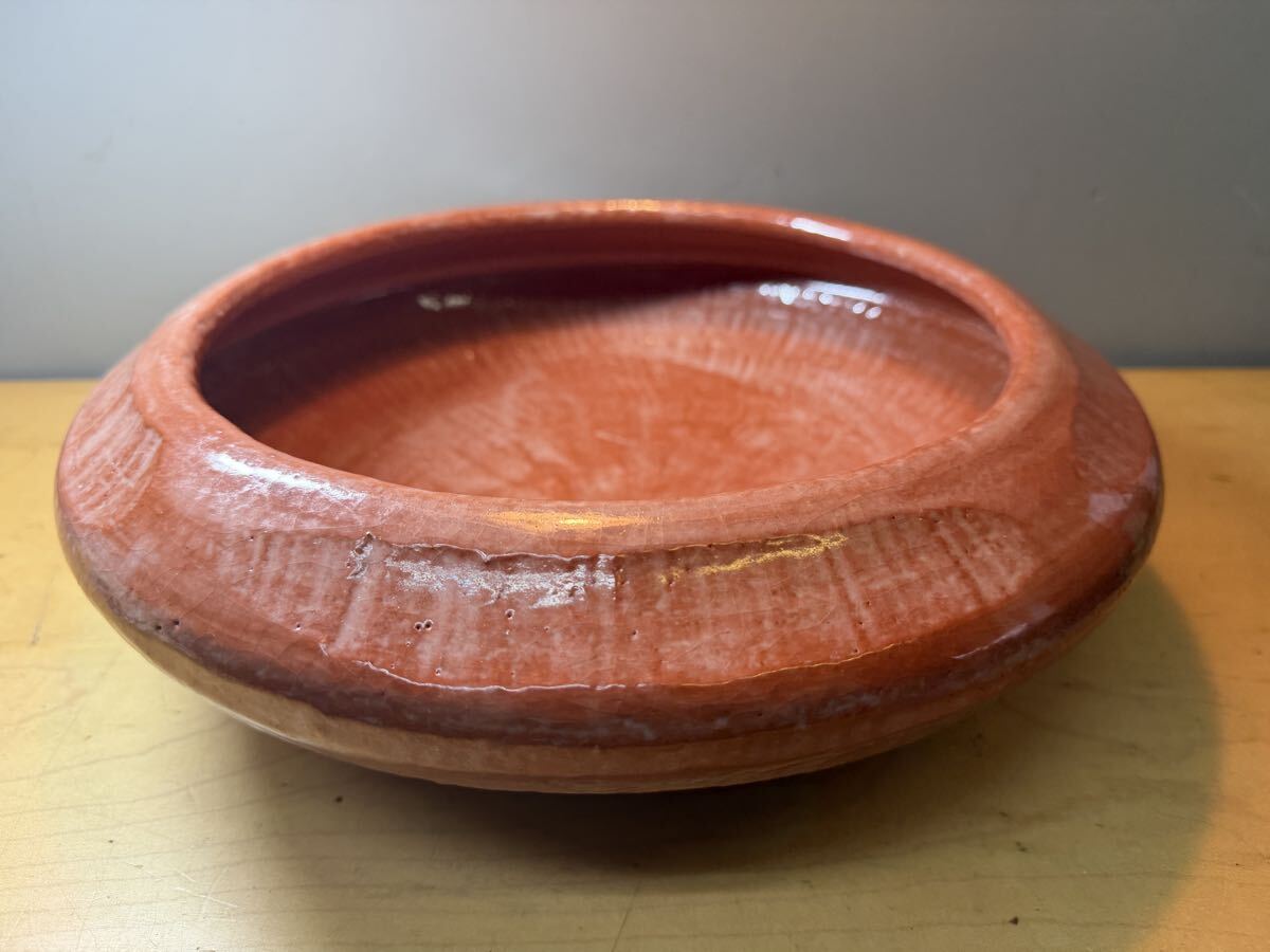 【中古】北雲「赤楽　半田　炉用」 赤楽焼 茶道具 灰器 高さ約10×径32.5cm 炭道具 押印 
