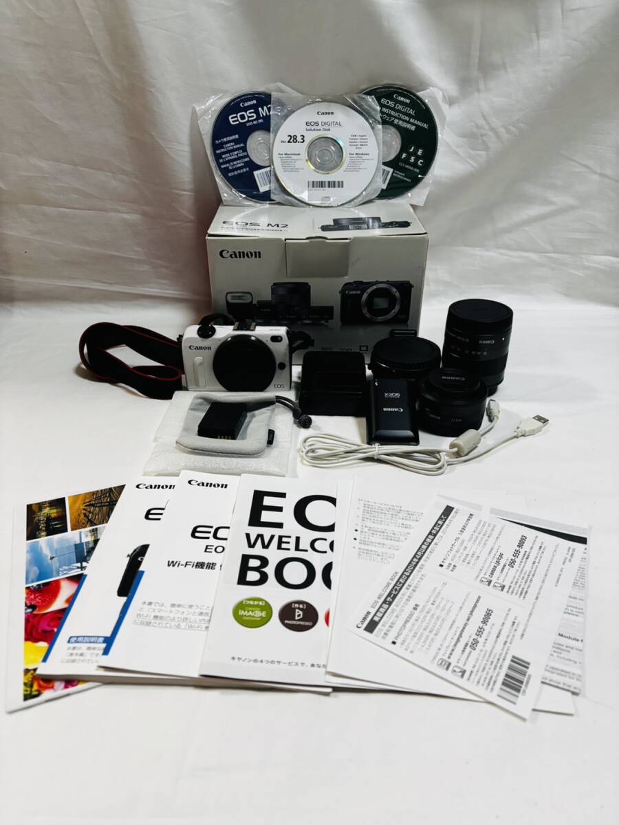  ○動作確認OK Canon ミラーレス一眼カメラ EOS M2 ダブルレンズキット(ホワイト) 22mm STM 18-55mm IS STMバッテリーチャージャー