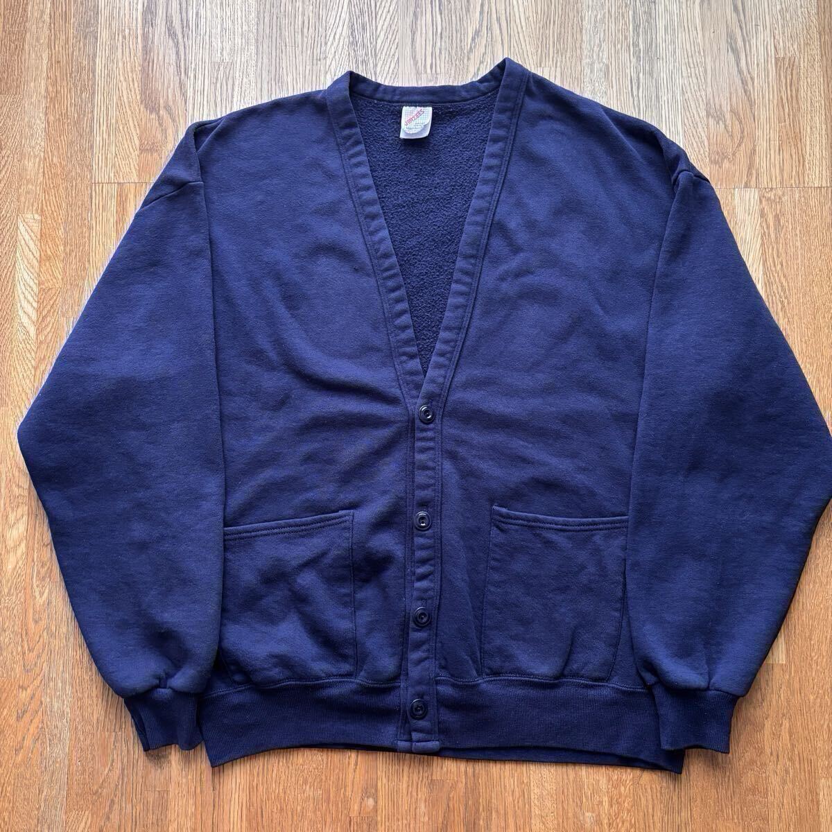 80〜90's JERZEES ジャージーズ USA製 ブランクスウェットカーディガン ネイビー パチポケ ビンテージ MADE IN USA vintage ONE SIZE