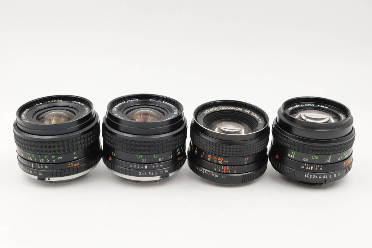 ◆248 MINOLTA kONICA レンズ4本セット KONICA HEXANON AR 50mm f1.7 / MINOLTA MC W.ROKKOR 1:2.8 f28mm / MD ROKKOR 50mm 1:1.4 