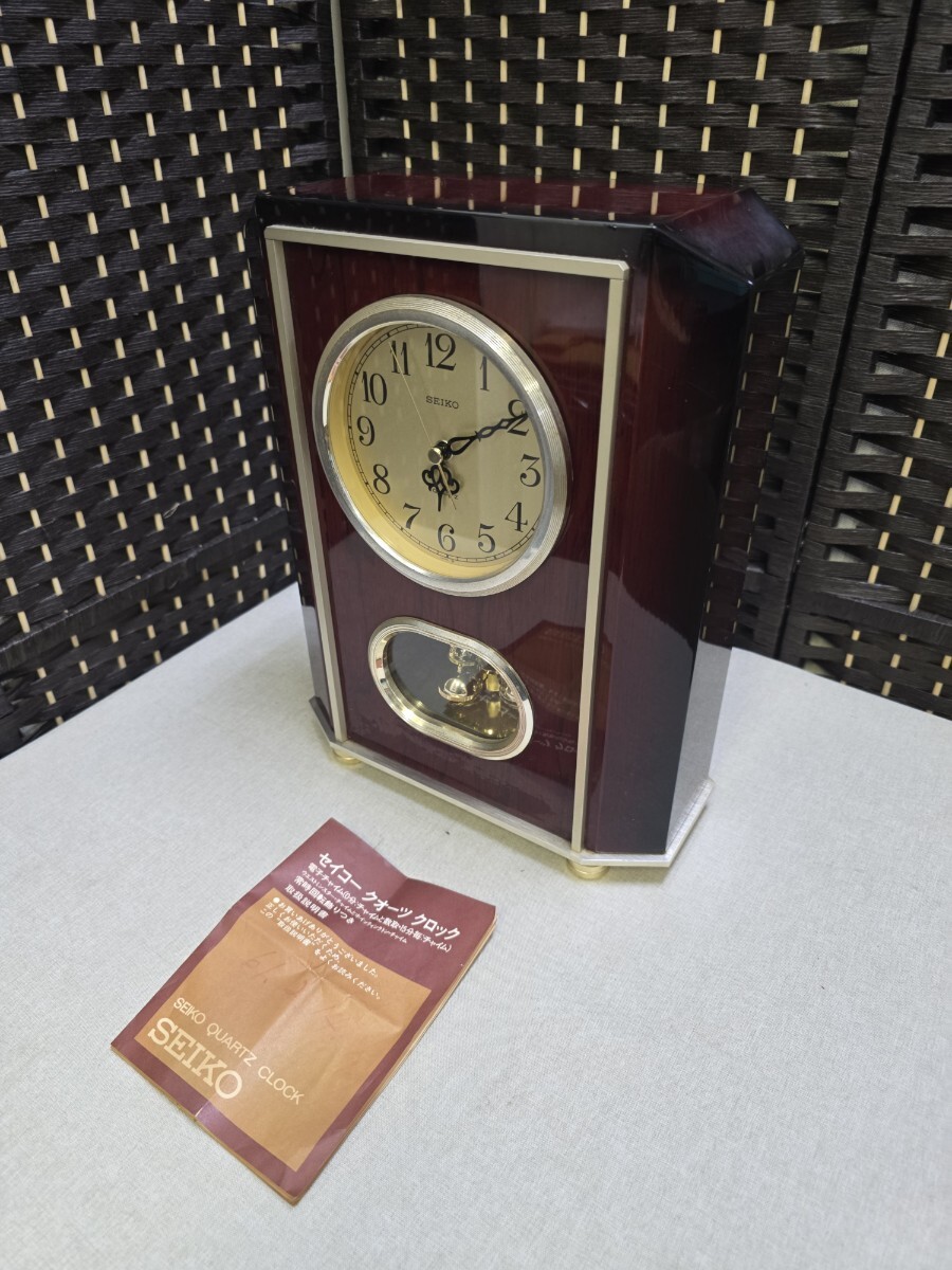 【現状品】SEIKO セイコー クォーツ置時計 常時回転飾りつき 木目調ケース インテリア時計 説明書付 通電確認済 高さ約35cm ヴィンテージ