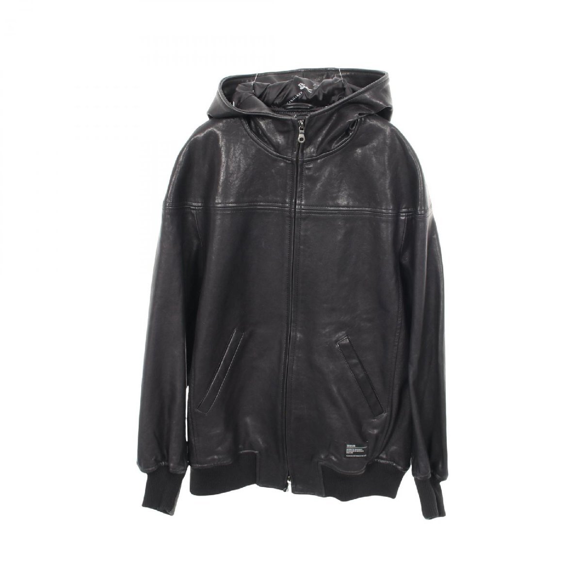 爆買 デンハム DENHAM LEATHER HOODY フード付き パンチング切替 革ジャン 衣料品 アウター レザー ブラック系 【中古】