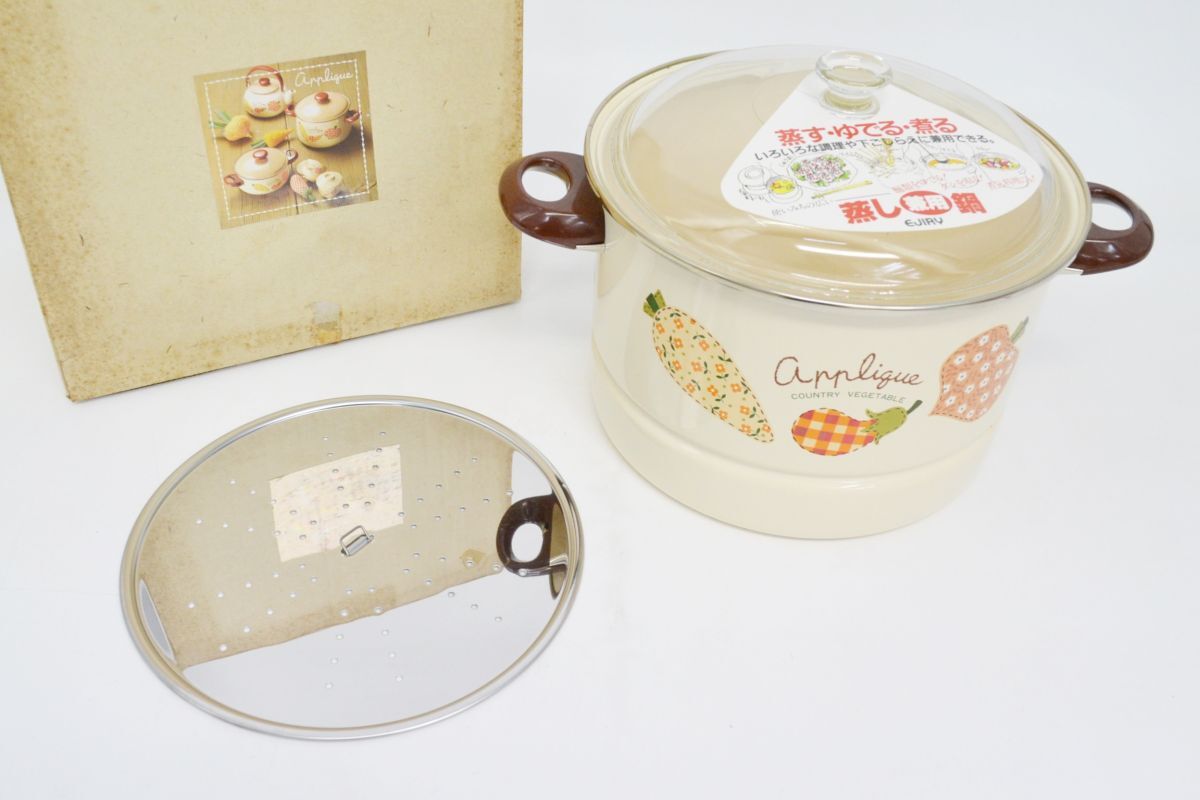 (1433L 0602K6) 1円～ 未使用 エジリー 蒸し兼用鍋 24cm ほうろう用鋼板板付 箱付 蒸し器 煮物料理 両手鍋 強化ガラス 7.3L ほうろう