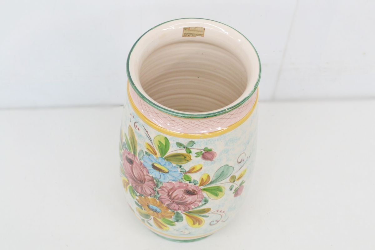 (1449P 0603K4) 1円～ 壷 花柄 陶器 傘立て マルチカラー 花器 花瓶 フラワーベース イタリア製 ハンドペイント インテリア 手描き ピンク