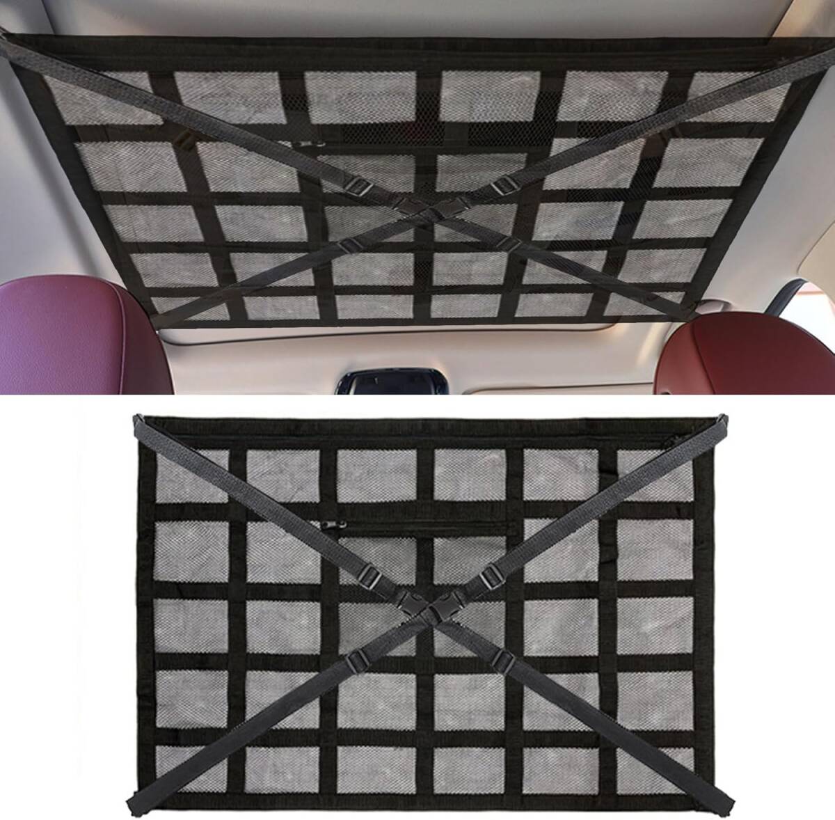 新品同様 車用天井収納ネット 簡単取り付け ダブルファスナー (ブラック, 78×53cm)