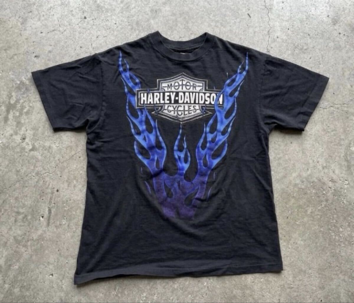 90s ハーレーダビッドソン ブルーフレイム Tシャツ 本物 ビンテージ ファイヤー FLAMESフレイムUSA製 パープルフレイム 当時物