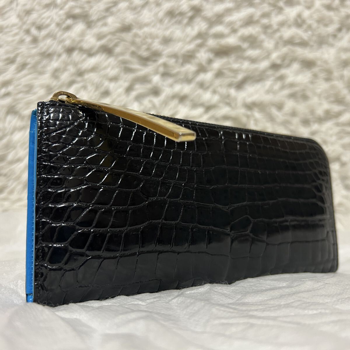 1円【美品】IKEDAKohgei 池田工芸 シャイニングクロコダイル L字ファスナー ロングウォレット メンズ レディース 長財布 ブラック ブルー