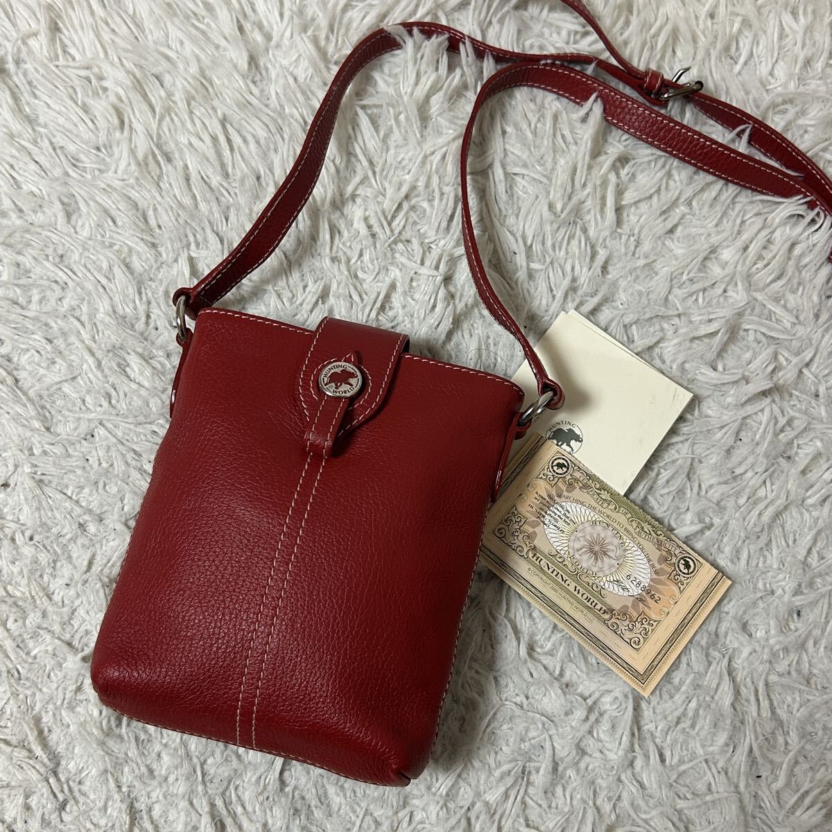 1円【未使用級】HUNTINGWORLD ハンティングワールド サコッシュ ショルダーバッグ クロスボディバック 斜め掛け メンズ レザー 本革 赤
