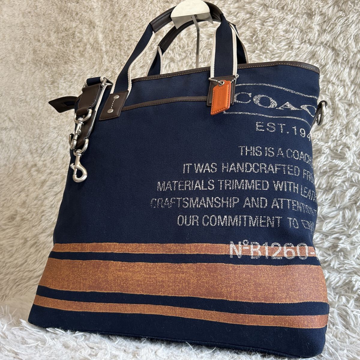 1円【未使用級】 COACH コーチ 2way イースト トートバッグ ハンドバック ブリーフケース ビジネス ショルダー ボストン 肩掛け メンズ 紺