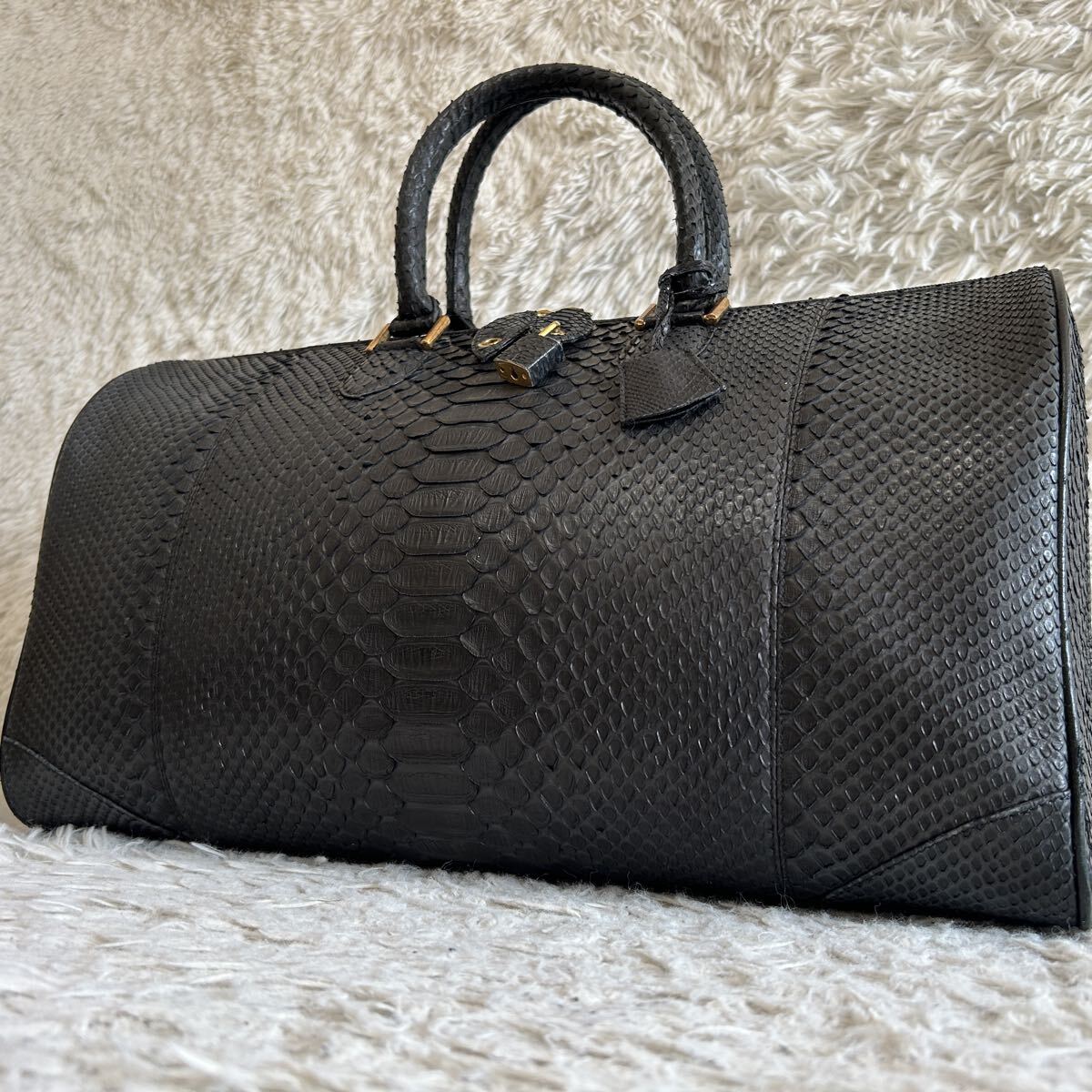 1円【極美品】リアルパイソン 蛇革 エキゾチックレザー ボストンバッグ 旅行カバン 大容量 大口 トートバック 肩掛け メンズ トラベル 
