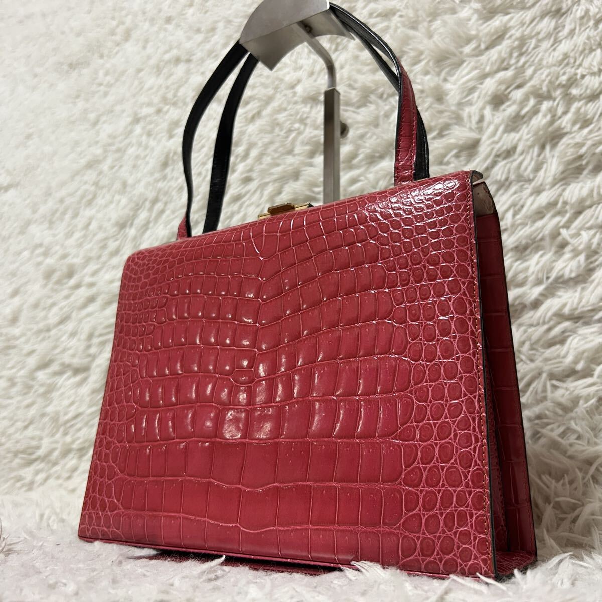 1円 シャイニングクロコ ポロサス ピンク センター取り エキゾチックレザー ハンドバッグ トートバック レディース ゴールド金具 ワニ革