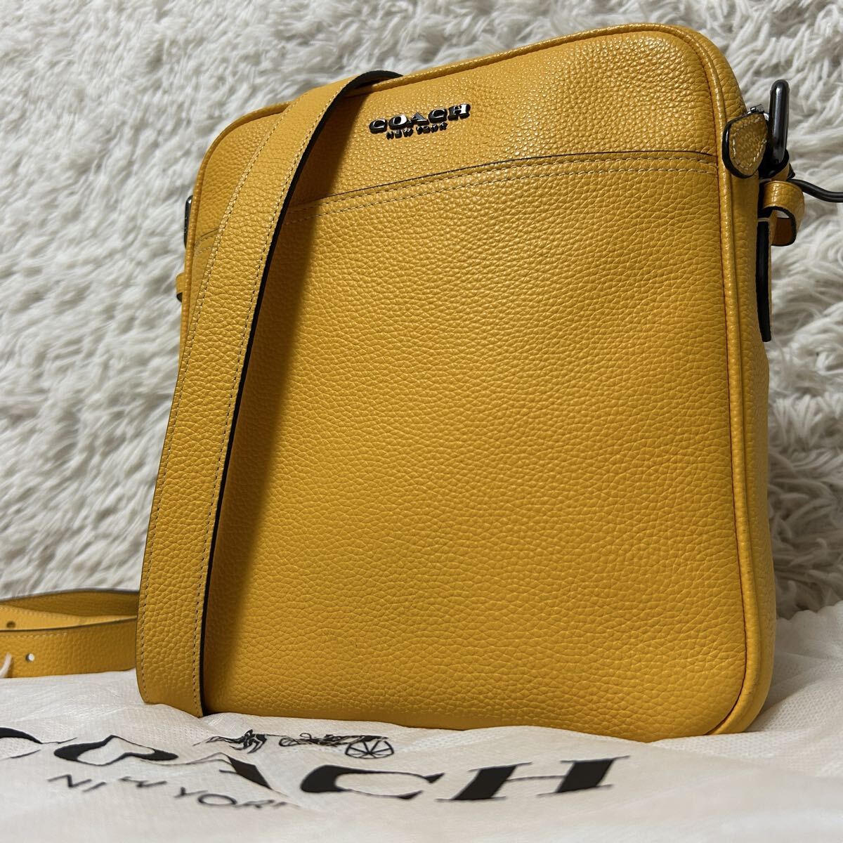 1円【現行】 COACH コーチ ハドソン 2way サコッシュ ショルダーバッグ クロスボディバック フライト 斜め掛け メンズ レザー イエロー