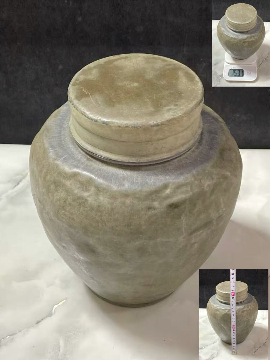 希少　唐物 大型 古錫　茶壺 茶心壺 口直径約9cm/重約1531g 茶道具 時代物 錫製　(80s)