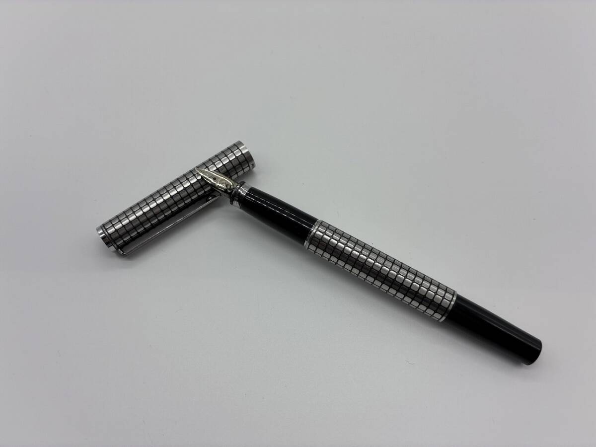 【1円スタート】プラチナ 14K-WG 中字 筆記× 万年筆 格子柄 シルバー×ブラック K14 14金 PLATINUM 文房具 筆記用具 ヴィンテージ