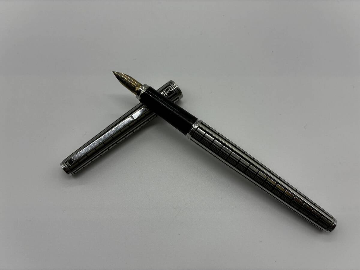 【1円スタート】プラチナ 14K-WG 中字 筆記× 万年筆 格子柄 シルバー×ブラック K14 14金 PLATINUM 文房具 筆記用具 ヴィンテージ 中古