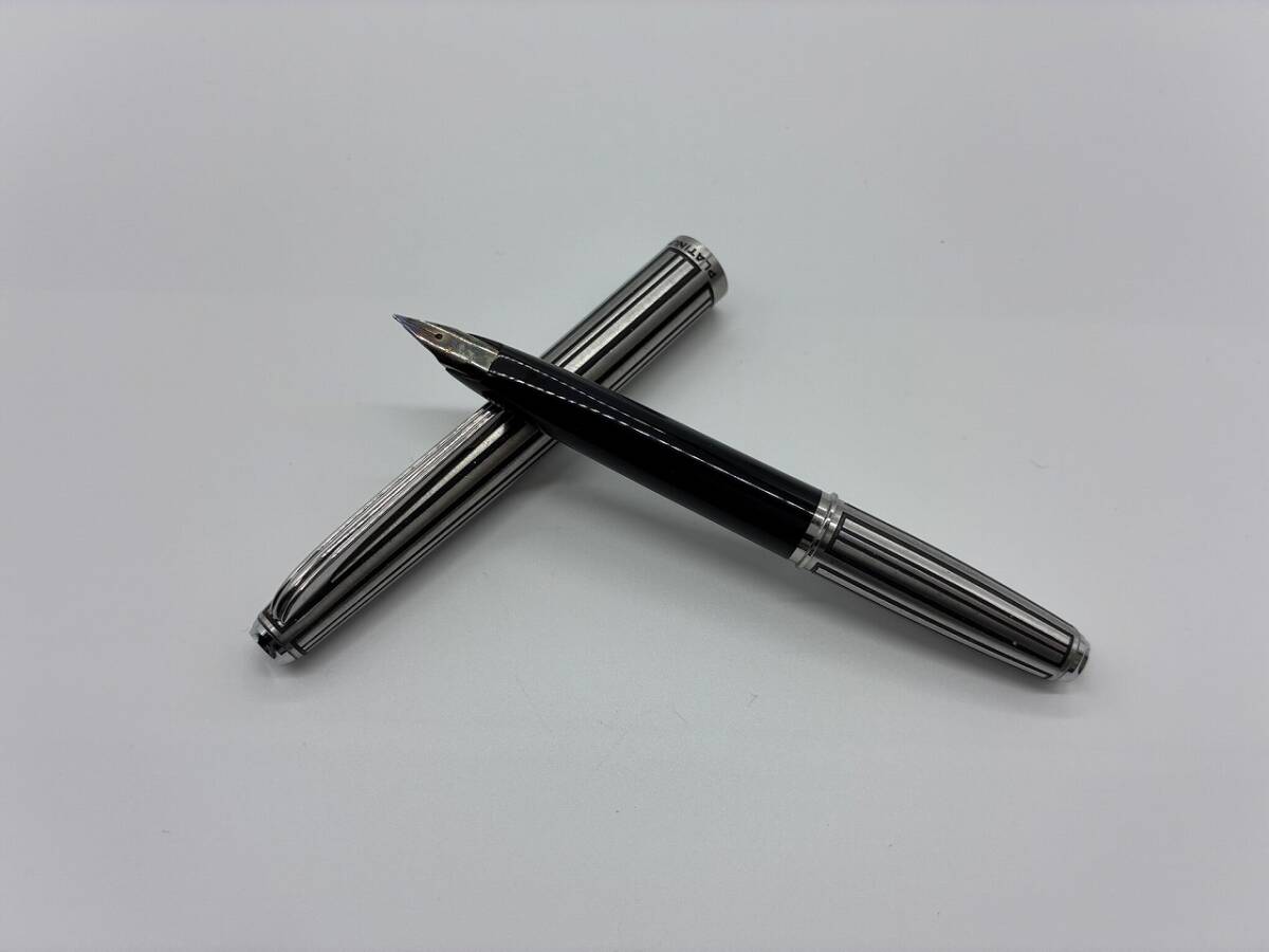【1円スタート】プラチナ 14K-WG 細字 筆記× 万年筆 ストライプ シルバー×ブラック K14 14金 PLATINUM 文房具 筆記用具 ヴィンテージ