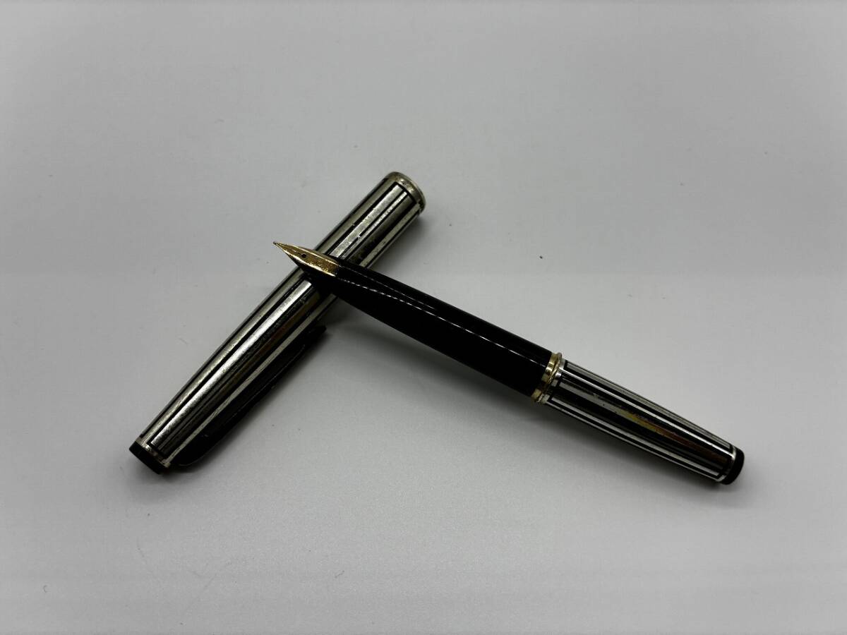 【1円スタート】プラチナ 18K 中字 筆記× 万年筆 ストライプ シルバー×ブラック K18 18金 PLATINUM 文房具 筆記用具 ヴィンテージ