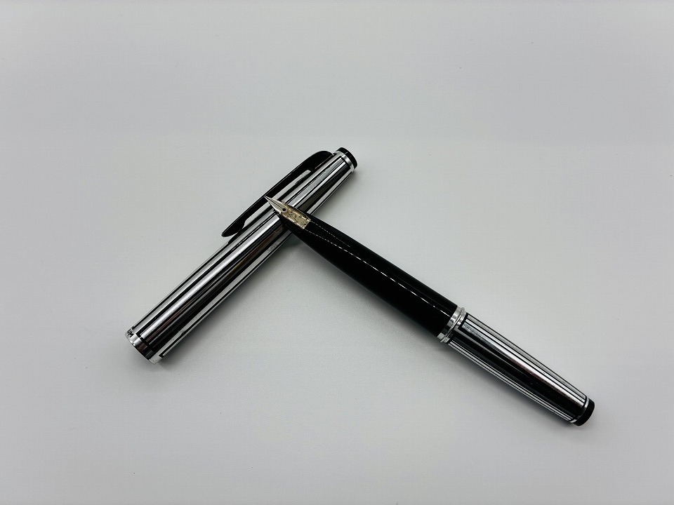 【1円スタート】プラチナ 14KWG 細字 筆記× 万年筆 ストライプ シルバー×ブラック K14 14金 PLATINUM 文房具 筆記用具 ヴィンテージ