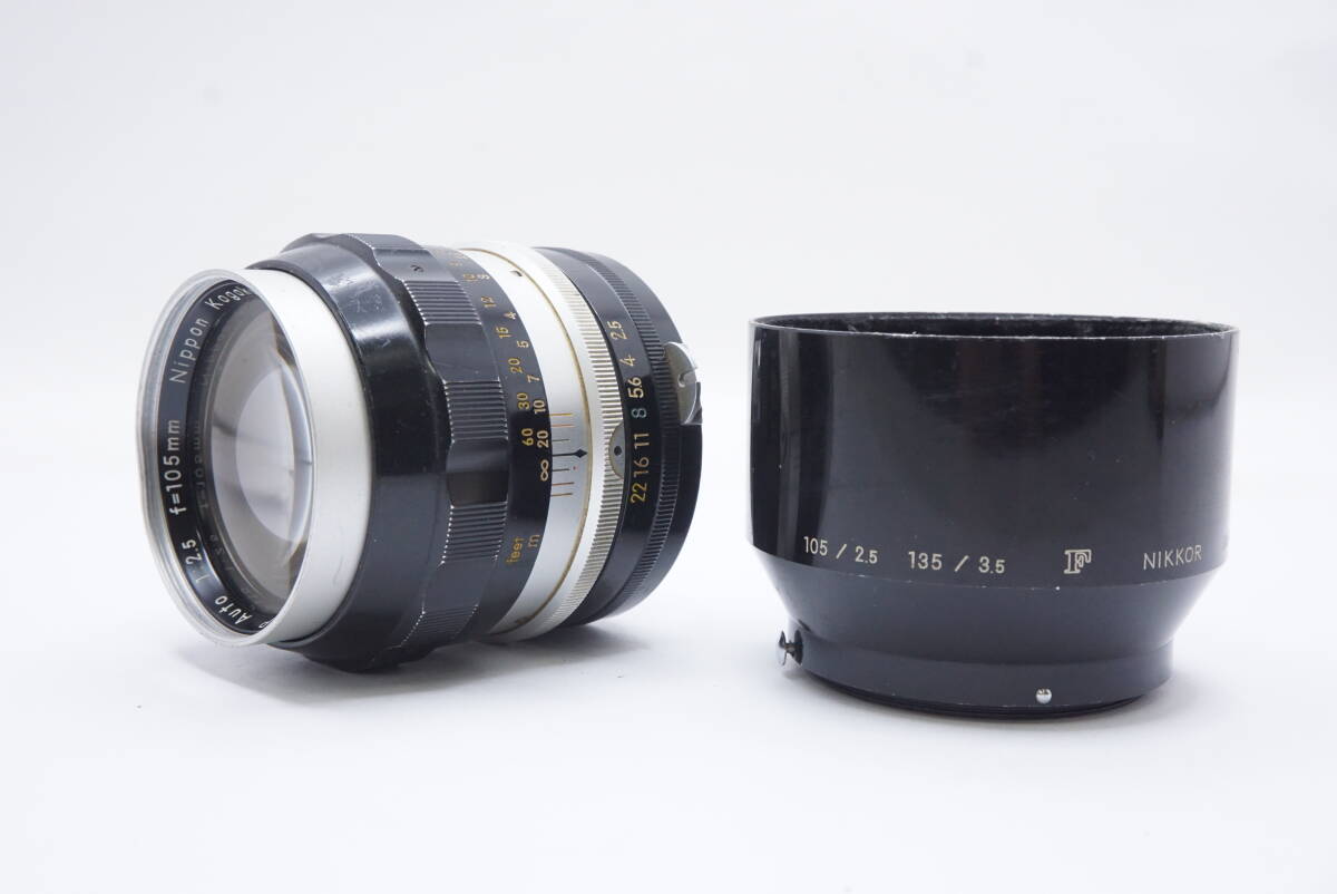 ○ Nikon ニコンNIKKOR-P Auto 105mm F2.5 非Ai 単焦点 中望遠レンズ Fマウント （フード付き）ジャンク品