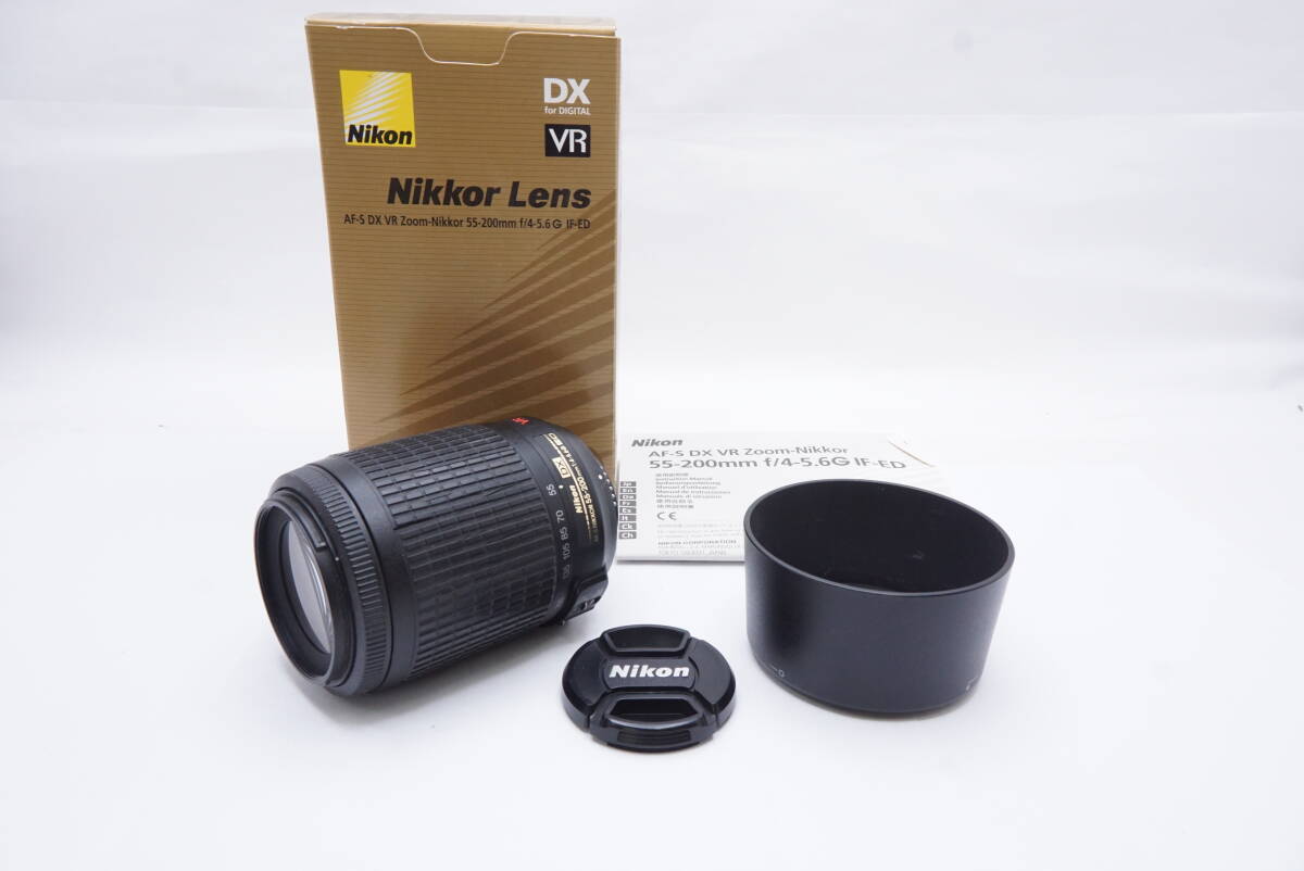 ○NikonニコンAF-S DX VR Zoom-Nikkor 55-200mm F4-5.6G IF-ED（レンズキャップ・フード・説明書・元箱付）ジャンク品扱い
