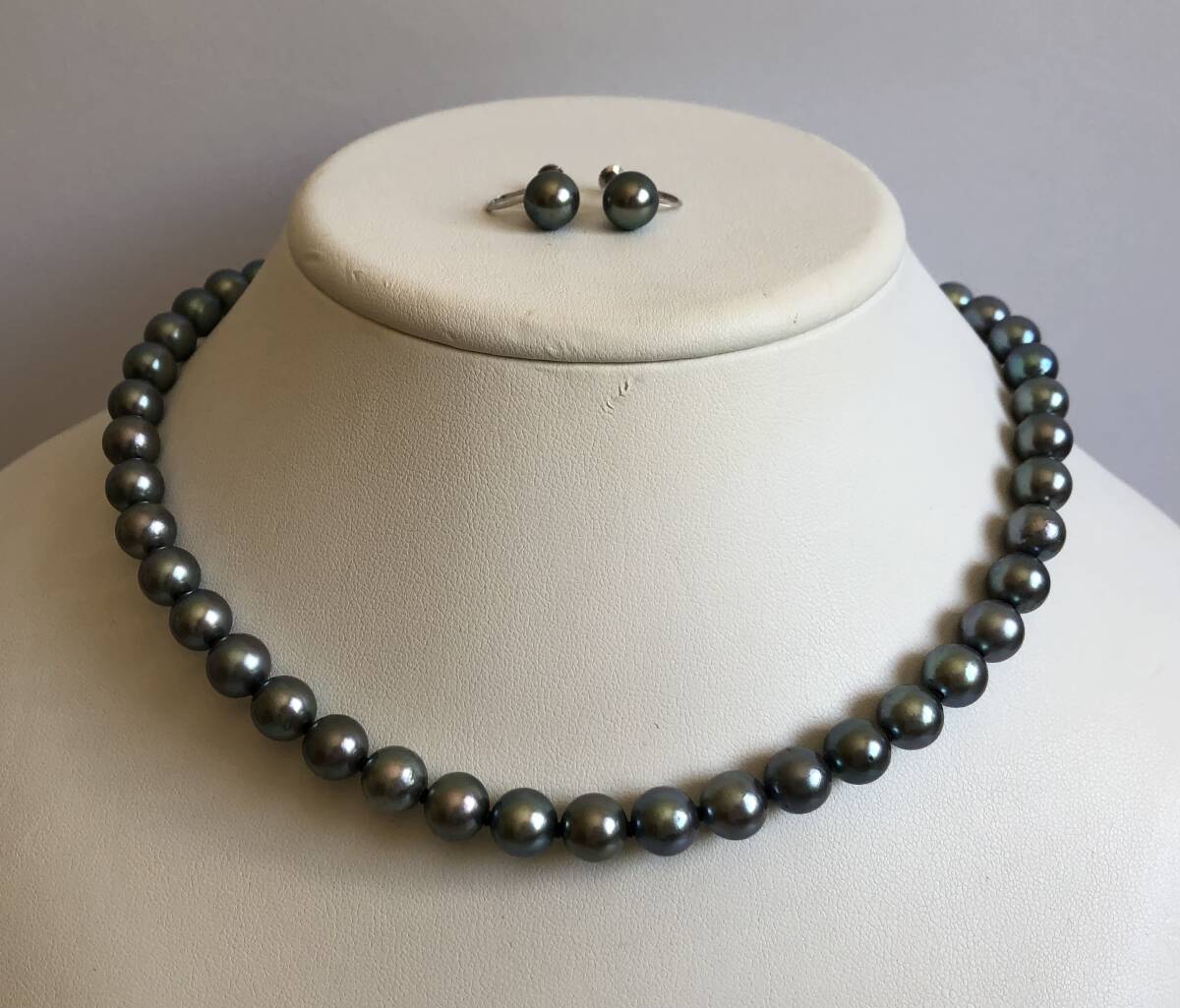 本真珠 染め真珠 パール ネックレス イヤリング セット・ブルー グレー系 約8.0〜8.2mm ・SILVER シルバー K14WG