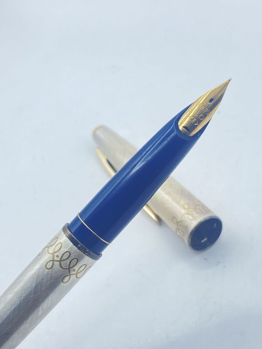 【#71】PILOT Lady 万年筆 18K-750 F細字 シルバー×ブルー Arabesque ヴィンテージ 日本製 レディース 高級筆記具