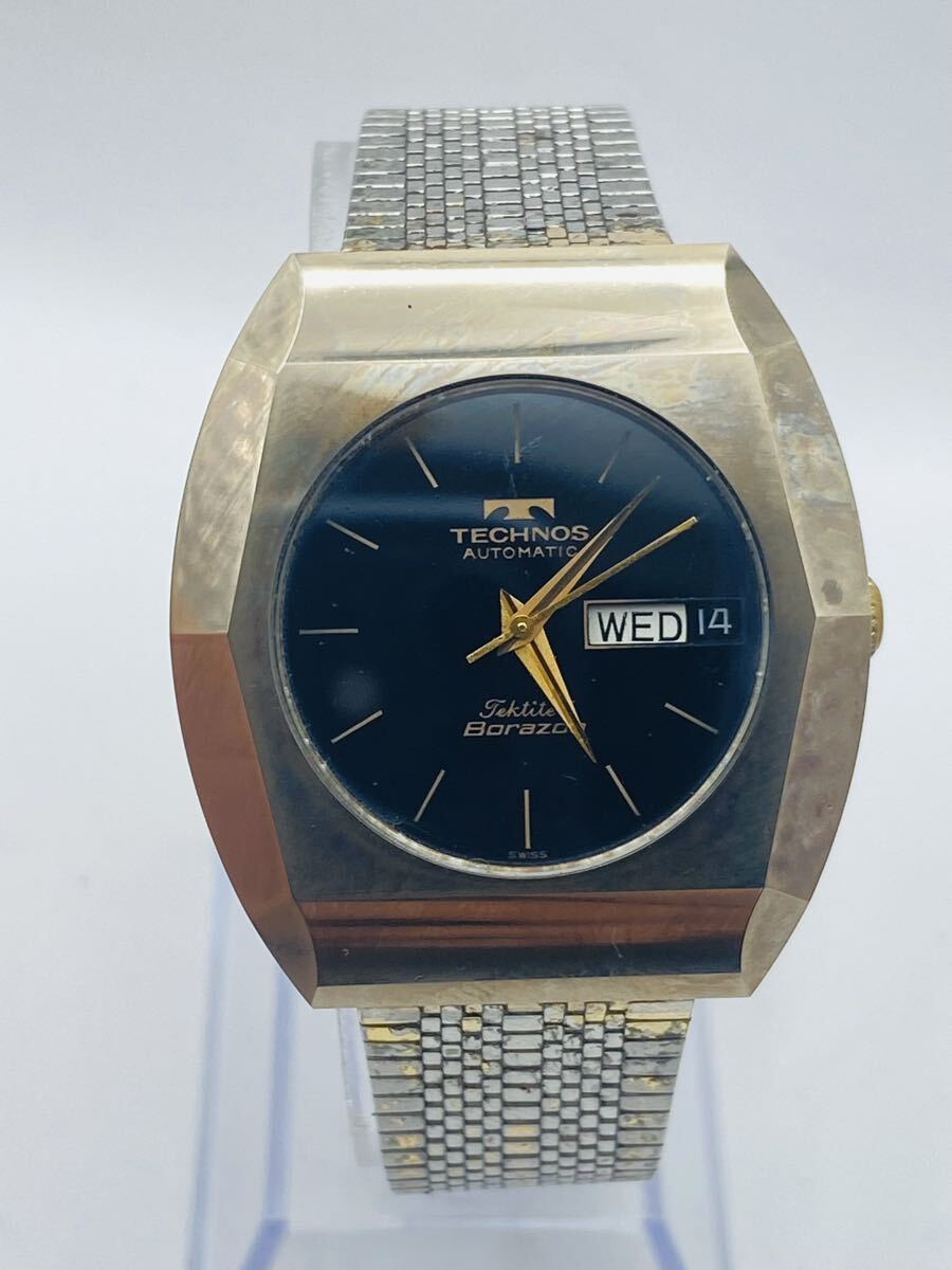 #93 TECHNOS Tektite Borazon Automatic Day-Date Swiss メンズ 自動巻き ブラック文字盤 GP ヴィンテージ 腕時計 稼働品 37mm TECHNOS