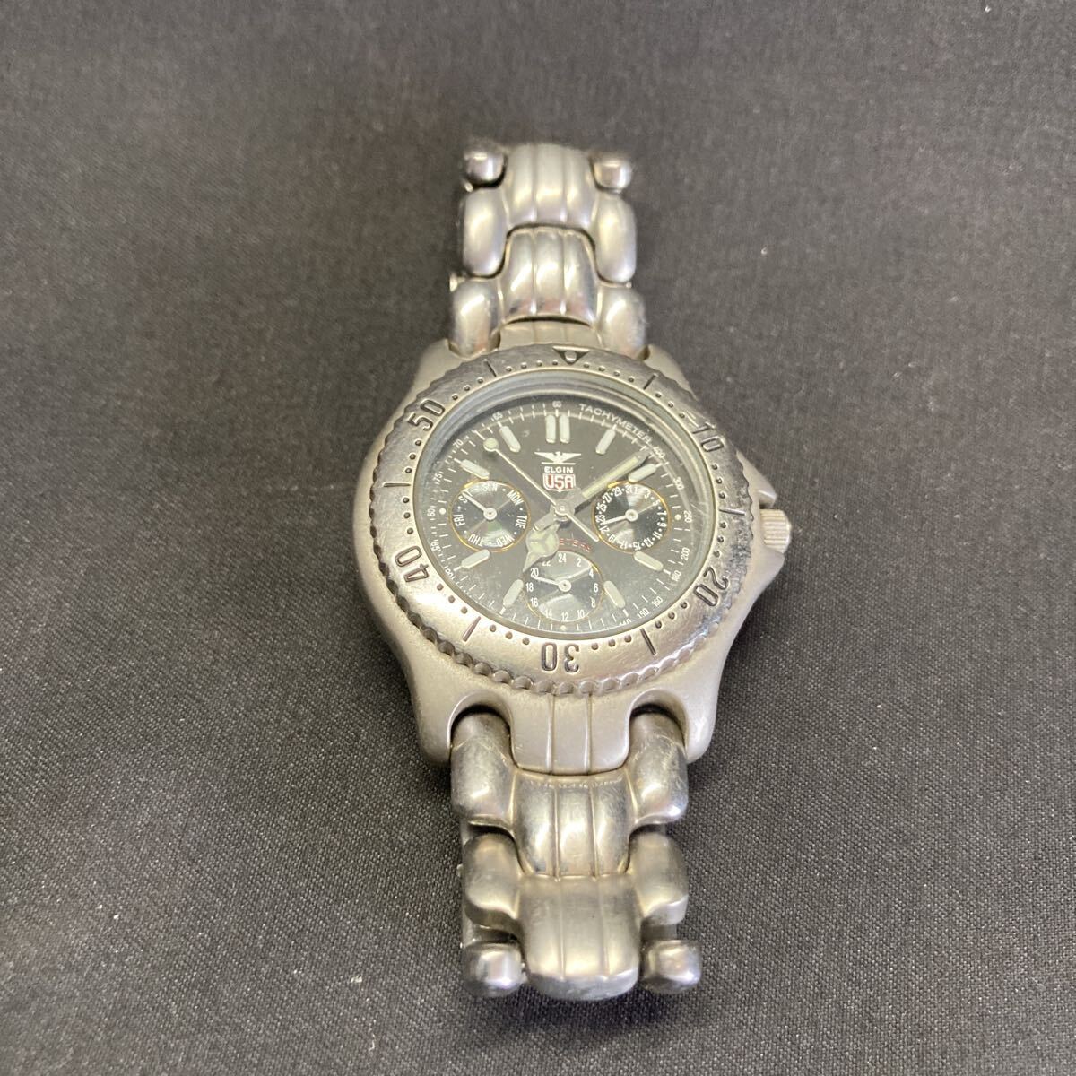 動作未確認　ELGIN USA エルジン メンズ腕時計 クロノグラフ クォーツ シルバー SEIKO グレー文字盤