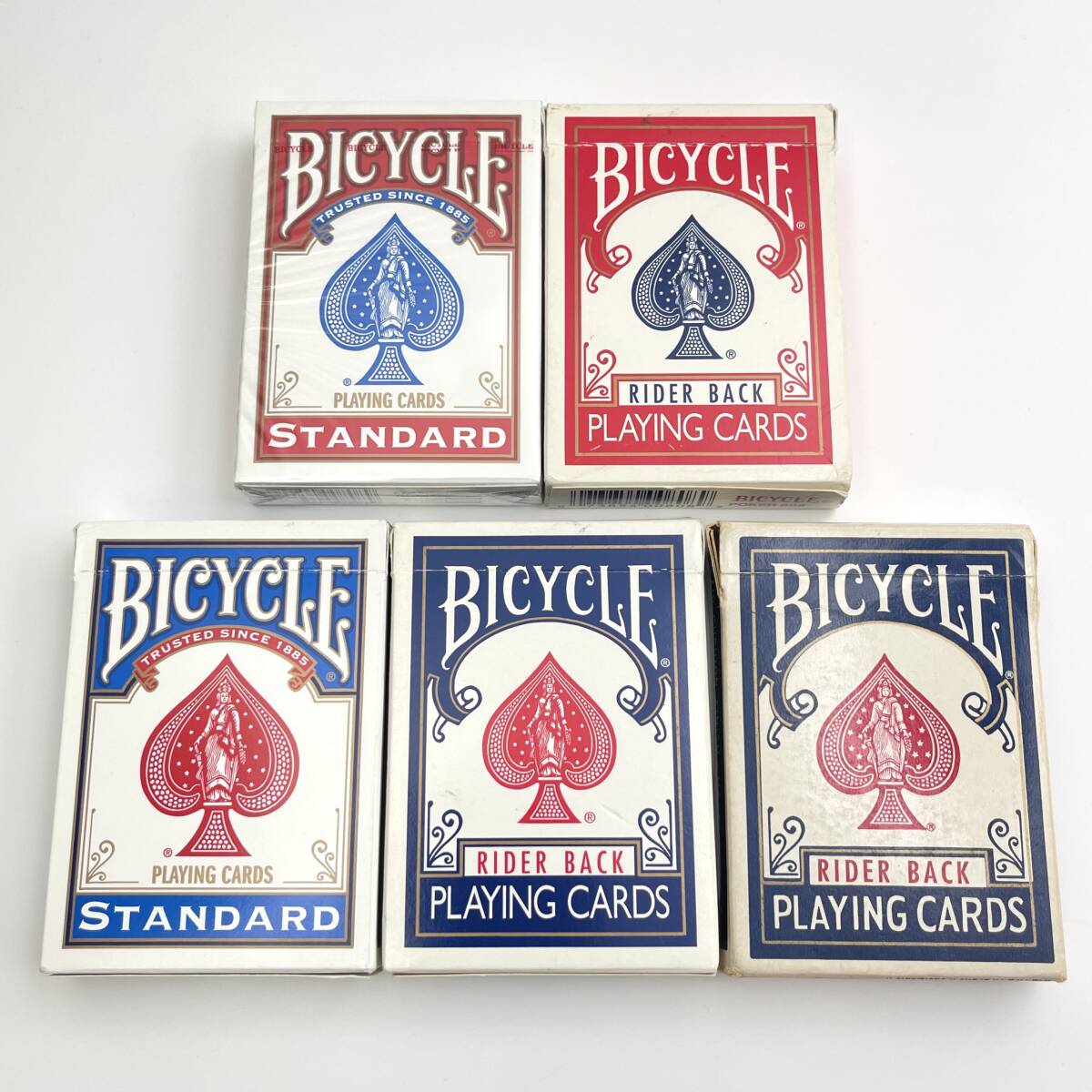 《5箱セット》BICYCLE RIDER BACK PLAYING CARDS★新品未開封：赤1箱・USED：赤1箱・青3箱★トランプ★青・赤★練習、ギミック、ゲーム用に