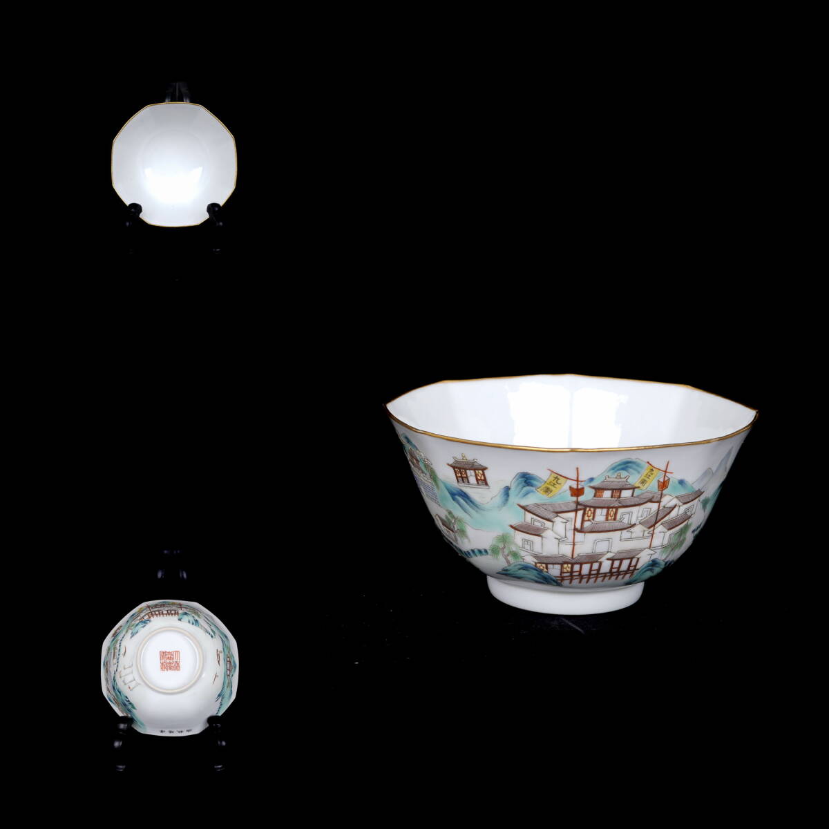 中国美術 大清嘉慶年製 粉彩潯陽秋泊図八角碗 茶道具 磁器製茶碗【HM260612-011】