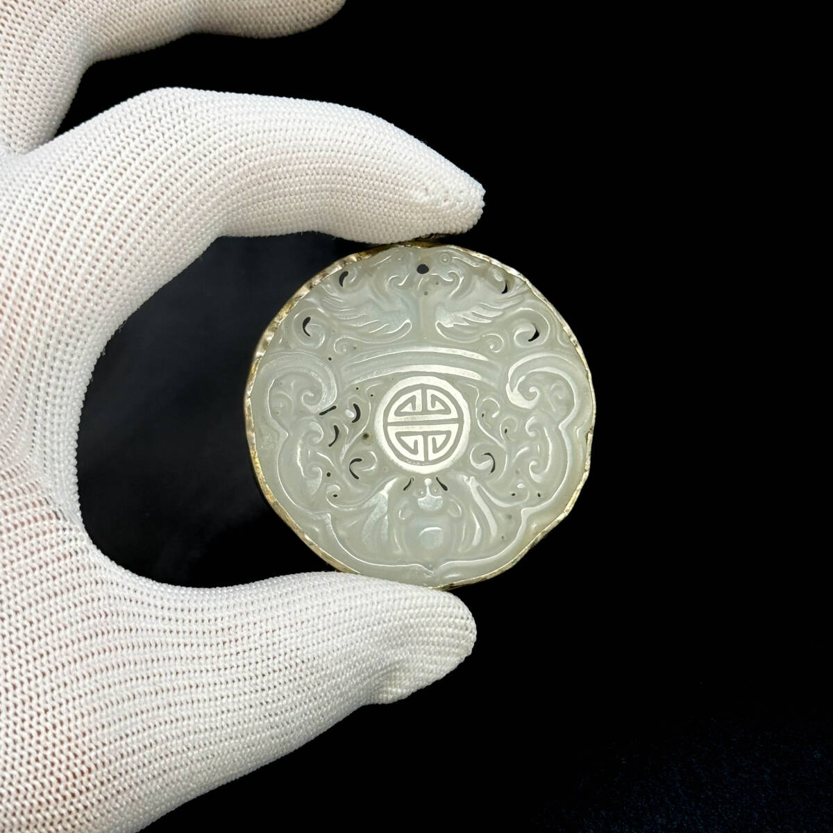 中国美術　清代和田白玉雙鳳蝠壽銀包邊鏤空圓玉牌　透彫祥雲紋佩　掛飾　古玉　 長壽吉祥文玩　唐物　古美術　収蔵品【HM260612-004】