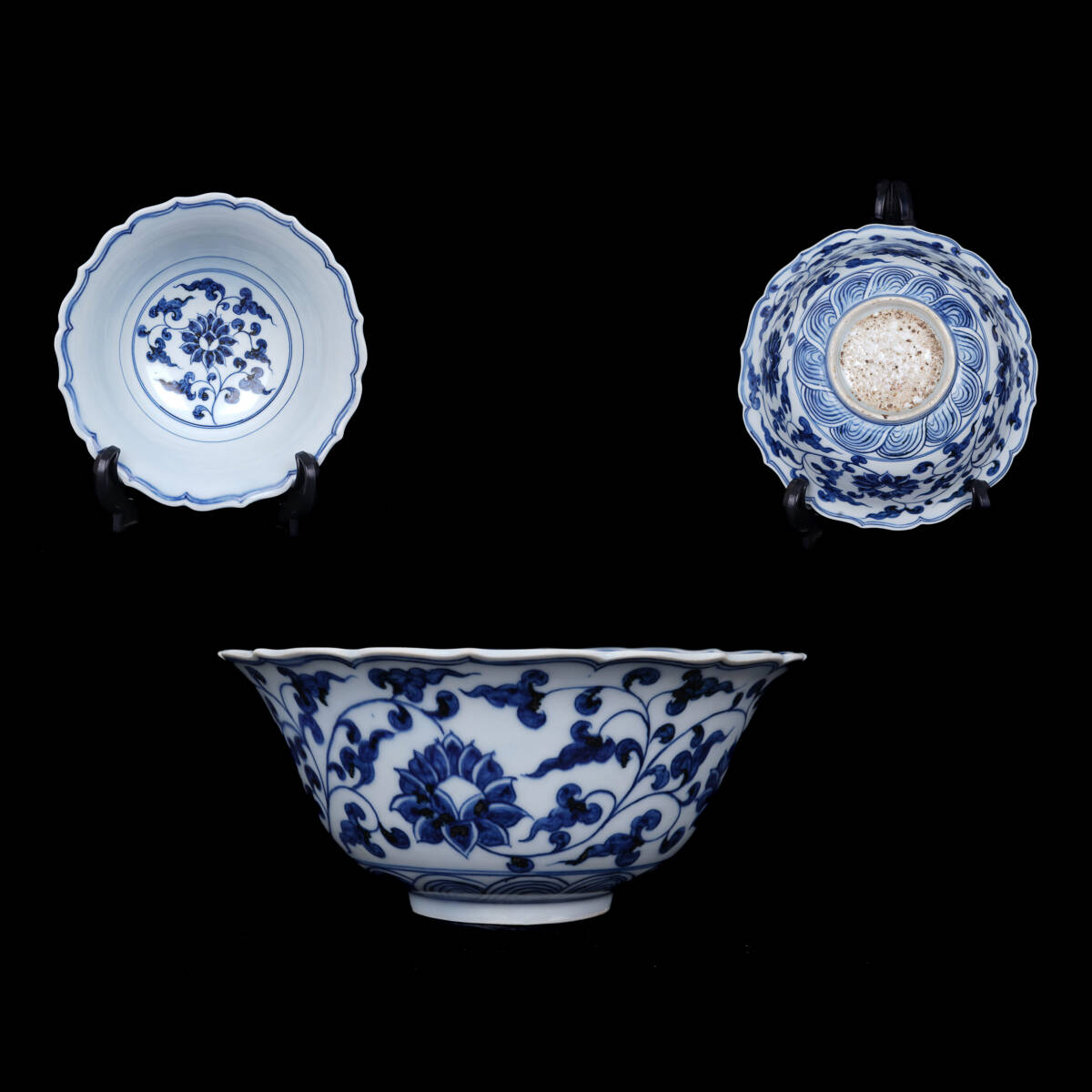 中国美術 明代 青花纏枝蓮紋花口鉢 染付蓮花文輪口碗 陶磁器 東洋古美術 置物【LEI260617-012】