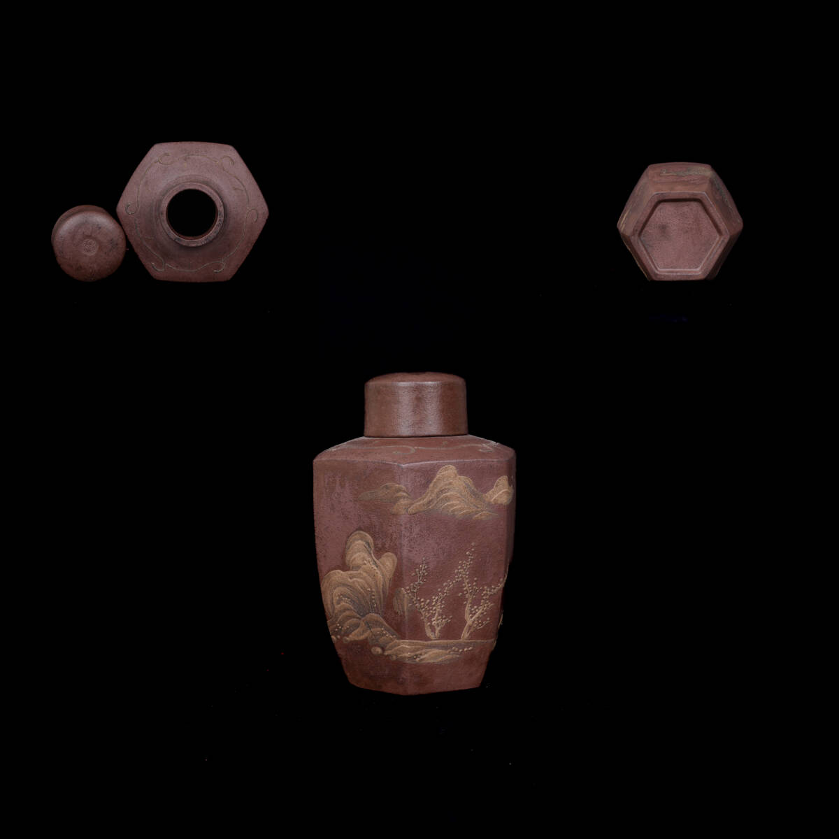 中国美術 清代 紫砂泥絵山水紋六角茶壺 蓋内銘あり 茶道具 東洋陶磁 置物【LEI260617-022】