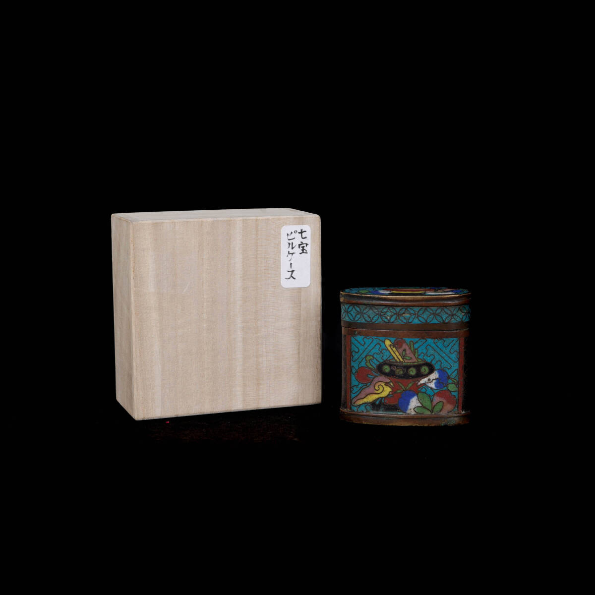 中国美術 清代 銅胎七宝焼博古紋小煙草入れ 共木箱 茶道具 文房小物入れ 東洋古美術【LEI260617-031】