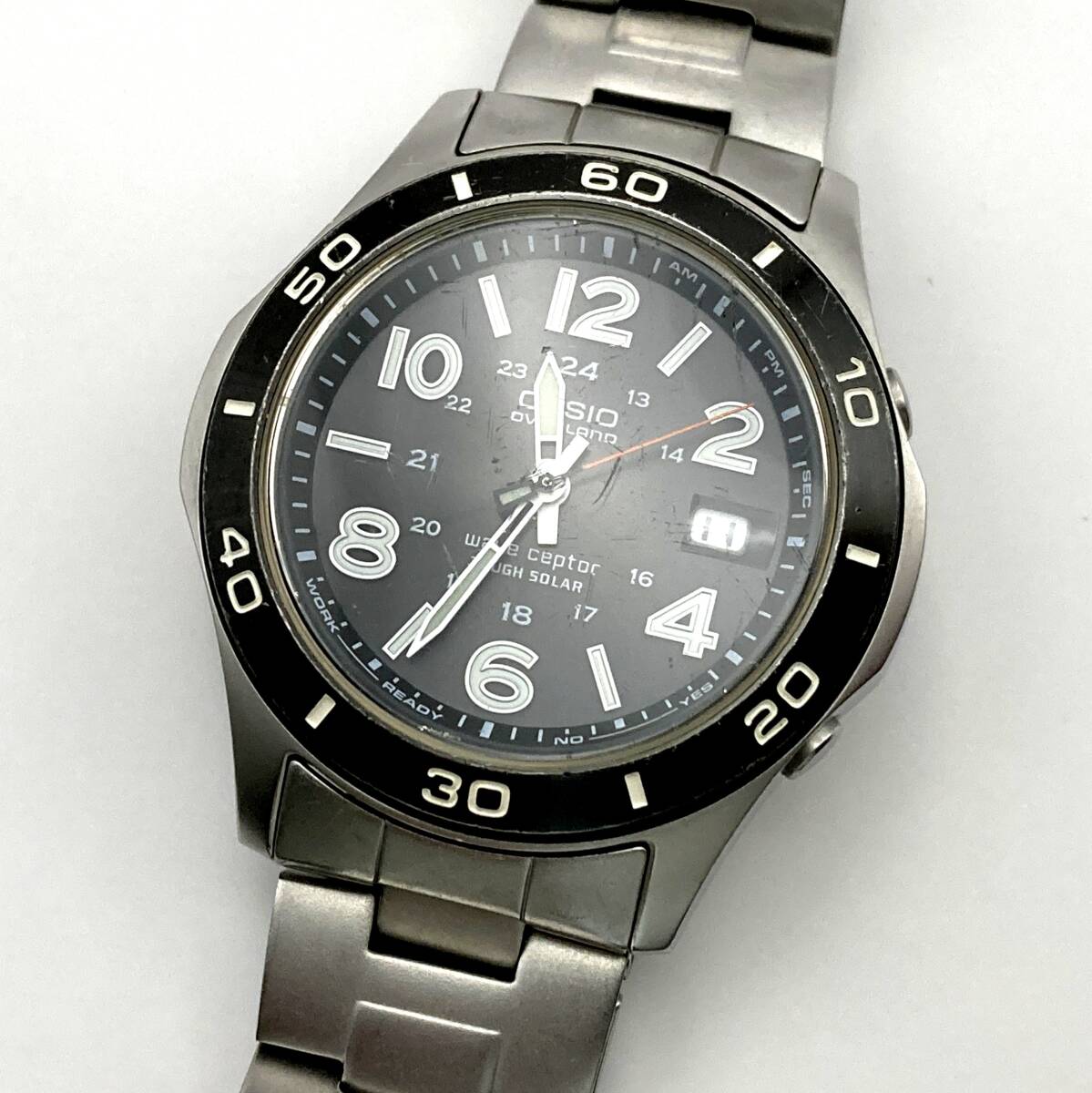CASIO OVERLAND OVW-110 電波 ソーラー 銀 黒 メタル バンド ミリタリー 稼動 中古 ダイバー風 メンズ 腕時計 wave オーバーランド 廃番