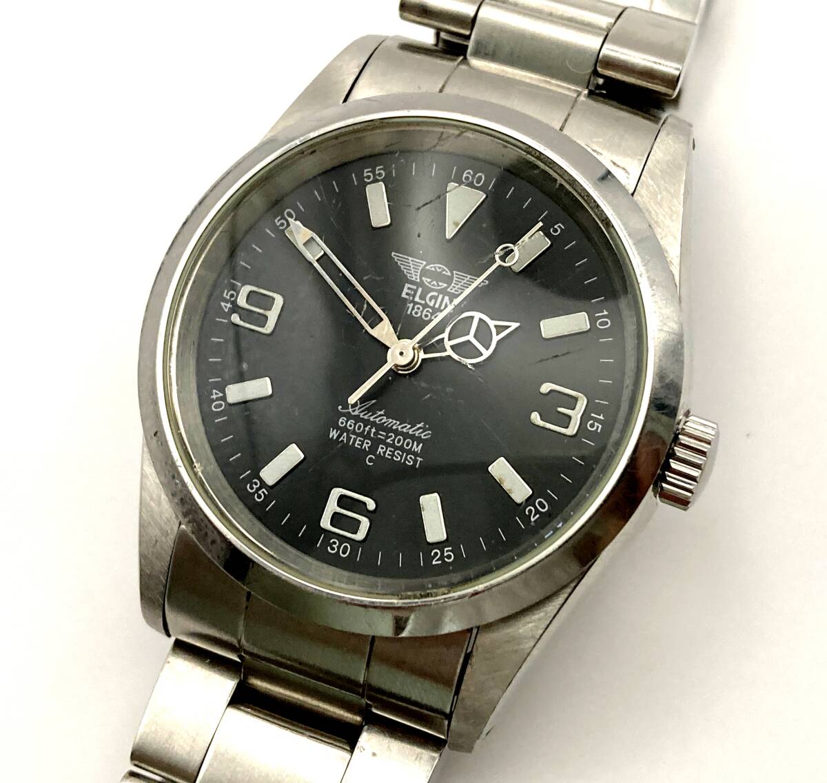 ELGIN 自動巻き 腕時計 FK-979 C 36mm 銀 黒 ベンツ針 オマージュ 200m ノンデイト オートマチック メタルバンド エルジン 廃番