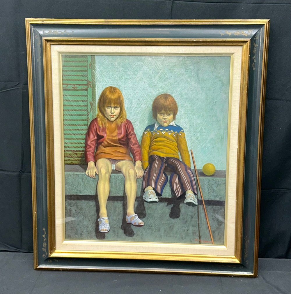 【江】出店久夫『姉と弟』油彩 模写 サイン有 約70cm×62.5cm 古美術品(人物画額装絵画アート)AXZ2360 CTDBqwsa ABreds