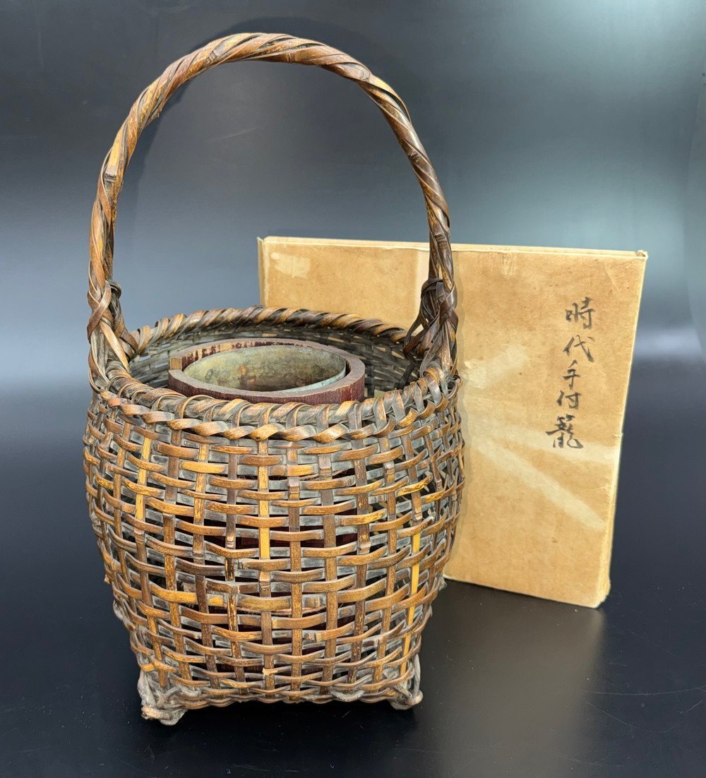 【江】時代 手付竹編籠 竹筒花入 直径約24×高さ41cm 木箱 古美術品(花器花生花入伝統工芸)BXZ2268 LTiuyt CTkwkm