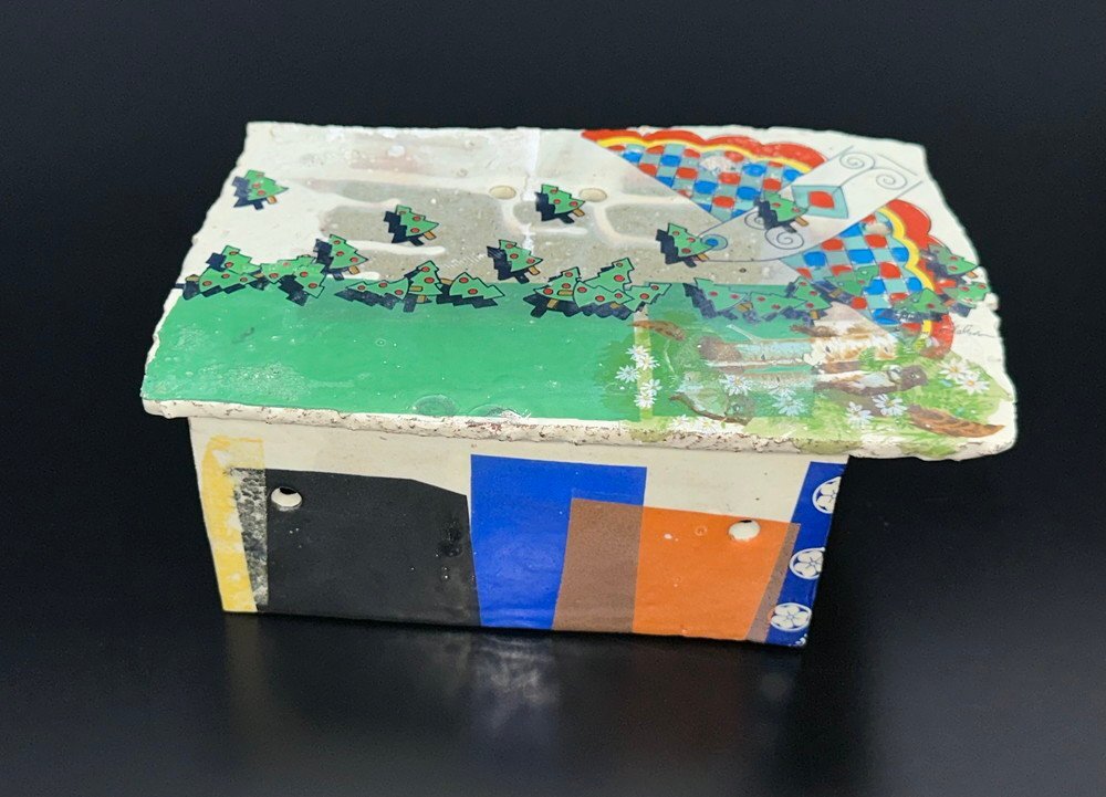 【江】名工造 色絵彩色木花鳥文陶板卓 約15.5×23×9cm 古美術品(置物オブジェアートインテリアコレクション)AXZ1431 OTsjjk CTkozz