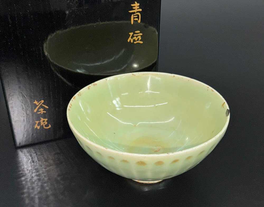 【江】青磁鎬文茶碗 口径約14×高さ7cm 木箱 古美術品(茶道具懐石料理道具茶器抹茶碗)BXZ2264 UTDBysdm OBLBkwkm